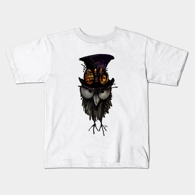 Funny Grumpy Steampunk Owl in a Steampunk Top Hat and Brass Goggles Kids T-Shirt by PaulStickland